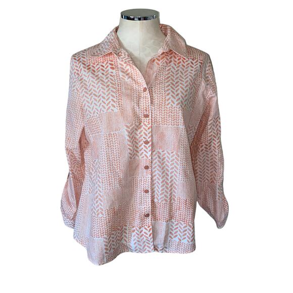 Chico's Patchwork Pattern Peach Roll Tab Button Down Shirt Size 12 Petite - Picture 1 of 11